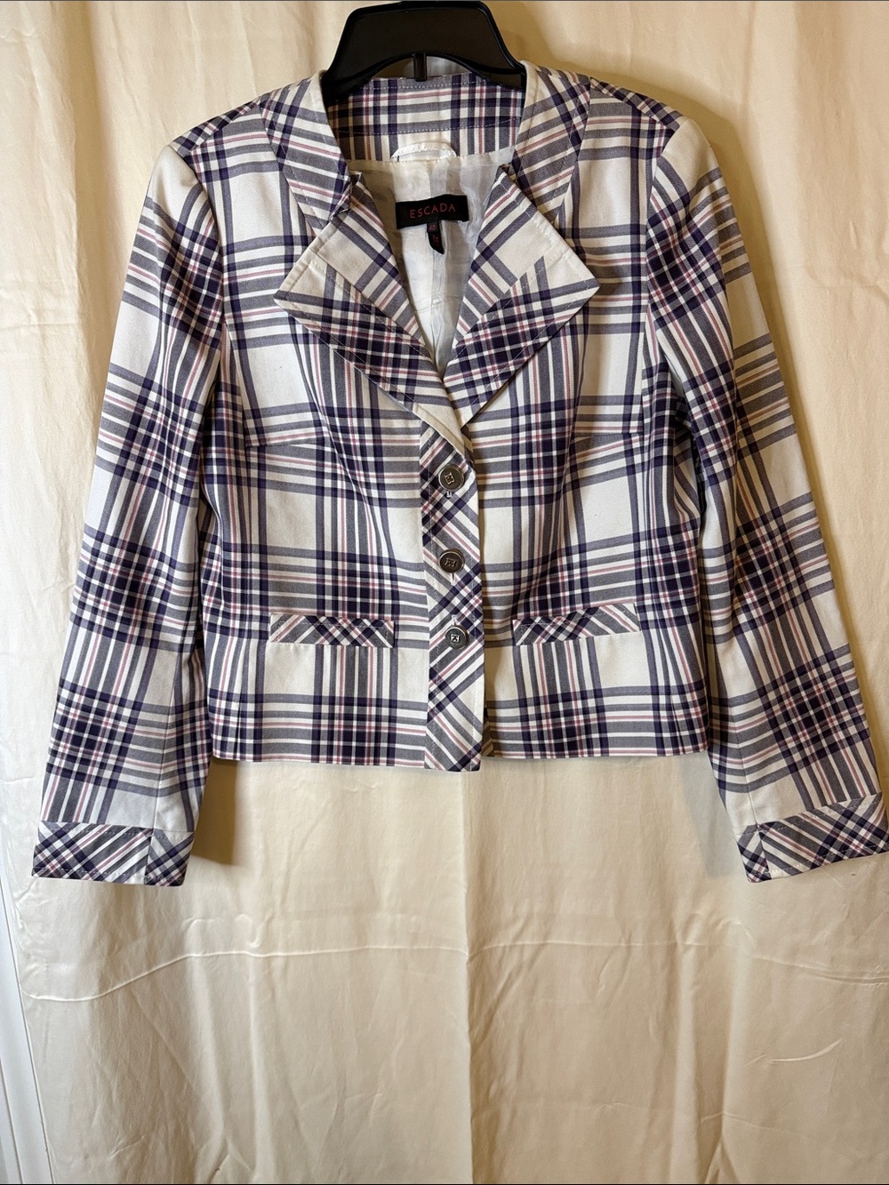 Escada White Plaid Blazer with Navy and Purple Stripes
